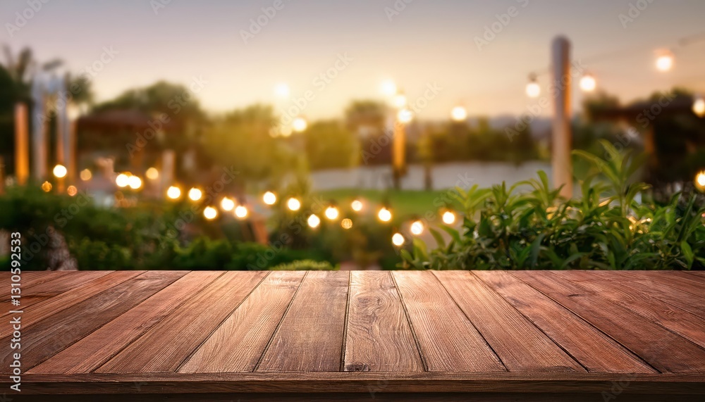 Fototapeta premium Rustic charm meets modern elegance A wooden table, bathed in soft summer twilight, sets the stage for a stylish outdoor gathering on a terrace adorned with lush greenery and warm amber accents,