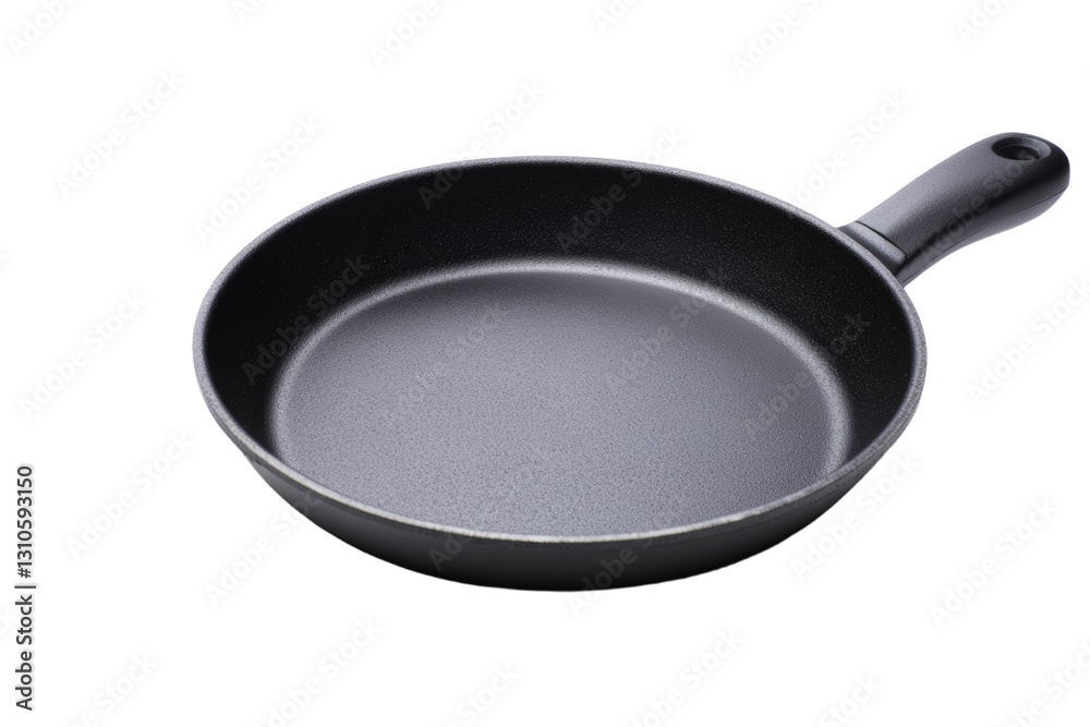 Black pan with a handle sits on a white background, isolated Black pan with a handle sits on a white background, isolated