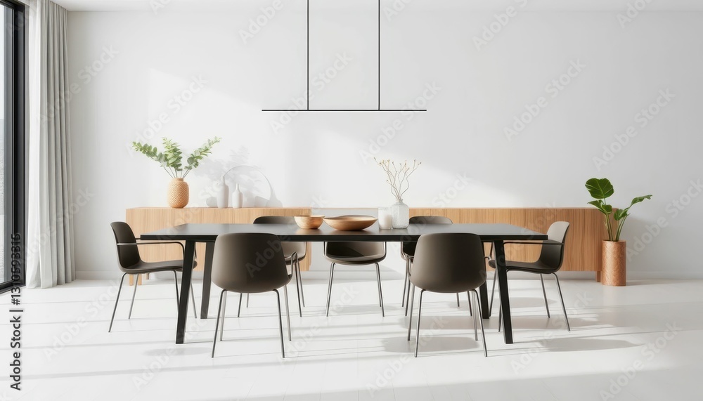 Modern Minimalist Dining Room with Elegant Furniture and Light Modern Minimalist Dining Room with Elegant Furniture and Light