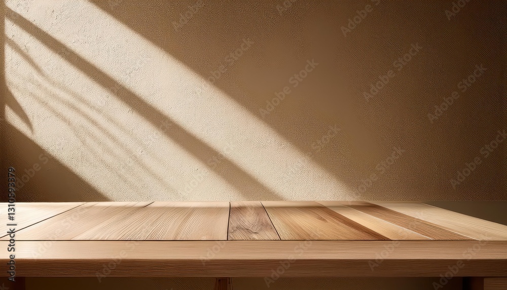 Wooden Table Mockup on Stucco Background with Window Shadow and Earthy Beige Tones, Evoking a Warm, Inviting, and Rustic Ambiance Wooden Table Mockup on Stucco Background with Window Shadow and Earthy Beige Tones, Evoking a Warm, Inviting, and Rustic Ambiance