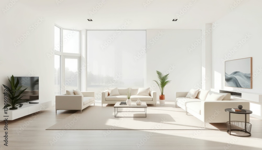 Modern Minimalist Living Room with Bright Natural Light and Plants Modern Minimalist Living Room with Bright Natural Light and Plants