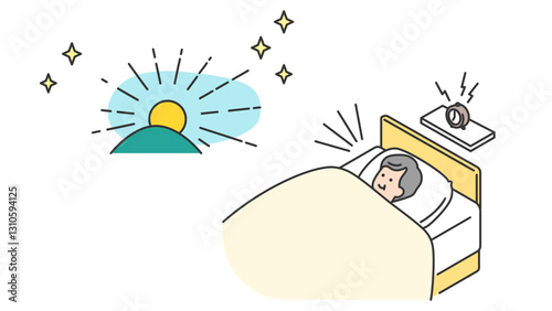 睡眠：朝、ベッドで目覚めるシニア男性