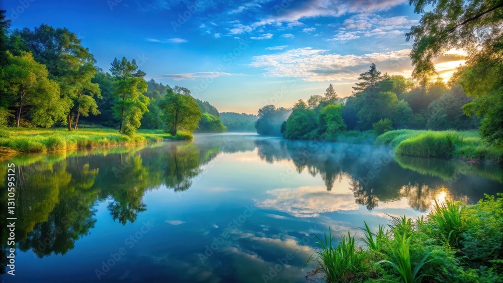 Serene lake at dawn with a gentle light stream of blue clear water and surrounding lush greenery and trees , natural scenery, environment Serene lake at dawn with a gentle light stream of blue clear water and surrounding lush greenery and trees , natural scenery, environment