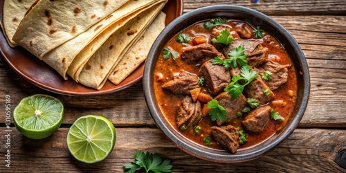 Wallpaper Mural Beef birria served with warm flour tortillas on a rustic wooden table, topped with fresh cilantro and lime wedges, beef Torontodigital.ca