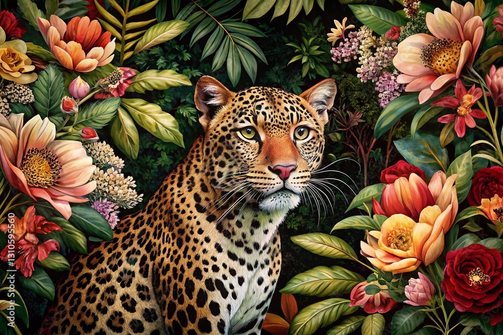 Fototapeta premium Luxurious Leopard Print Floral Garden Texture Background - High Resolution Stock Photo