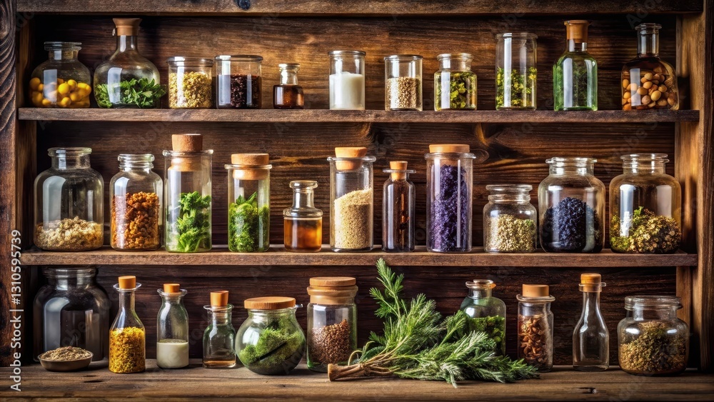 Detailed shot of a wooden laboratory shelf lined with multiple glass vials containing various chemicals Detailed shot of a wooden laboratory shelf lined with multiple glass vials containing various chemicals