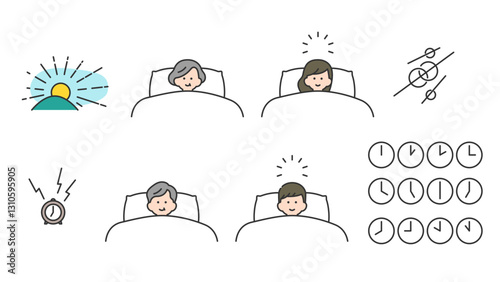 睡眠：ベッドで目覚める老若男女　セット、バリエーション