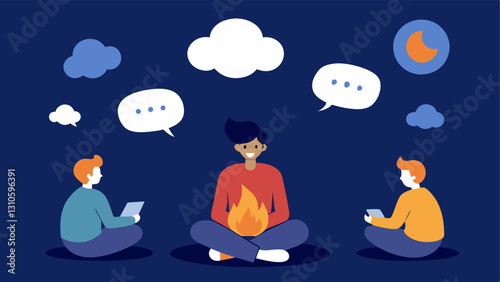 Storytelling A character sitting around a campfire sharing a tale with captivated listeners with thought bubbles illustrating key points of the story highlighting the power of