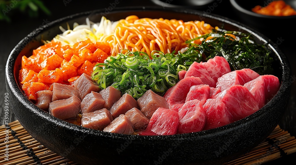 Deliciously arranged sushi bowl featuring fresh fish, vegetables, and noodles. Deliciously arranged sushi bowl featuring fresh fish, vegetables, and noodles.