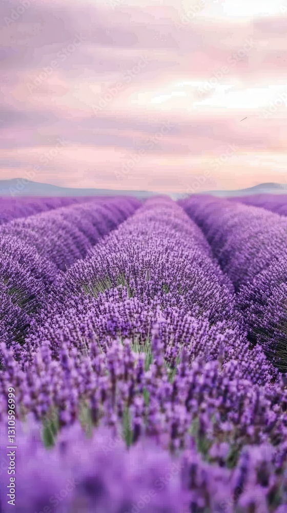 Obraz premium Serene Lavender Fields Under a Soft Pastel Sky at Sunset