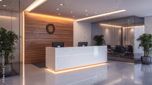 Modern office reception area with stylish design and plants