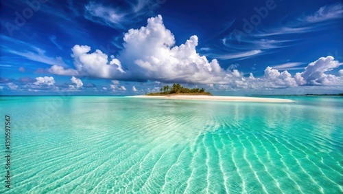 Serene sandbar with crystal clear shallow water reflecting the turquoise sky at Treasure Cay in the Bahamas, shallow water, clear water