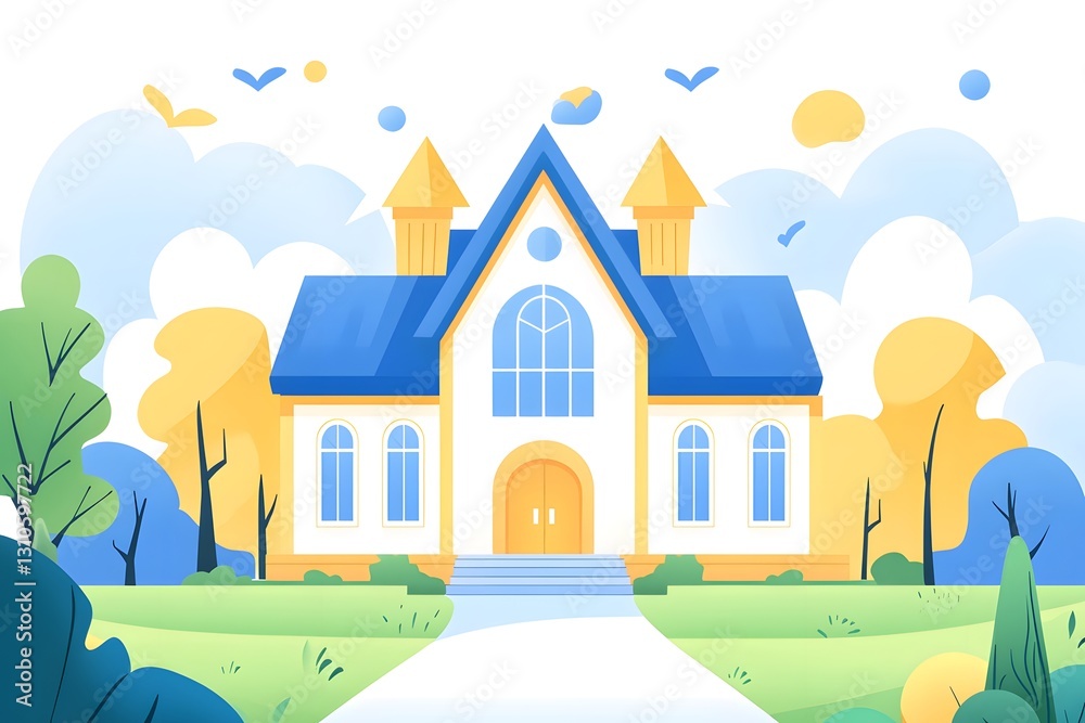 Fototapeta premium Scenery of house with blue roof and yellow wall