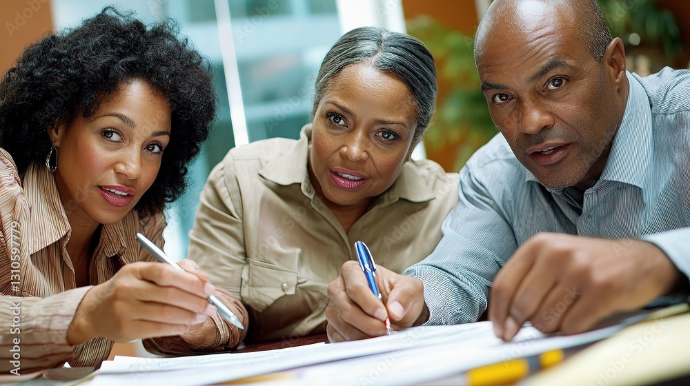 Diverse Team Analyzing Financial Reports in Modern Office Setting Diverse Team Analyzing Financial Reports in Modern Office Setting