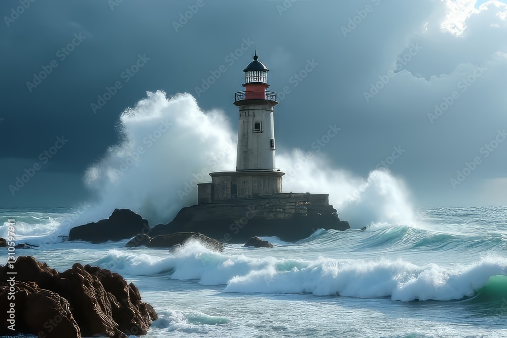 Powerful Waves Crashing Against Lighthouse in Stormy Seascape Powerful Waves Crashing Against Lighthouse in Stormy Seascape