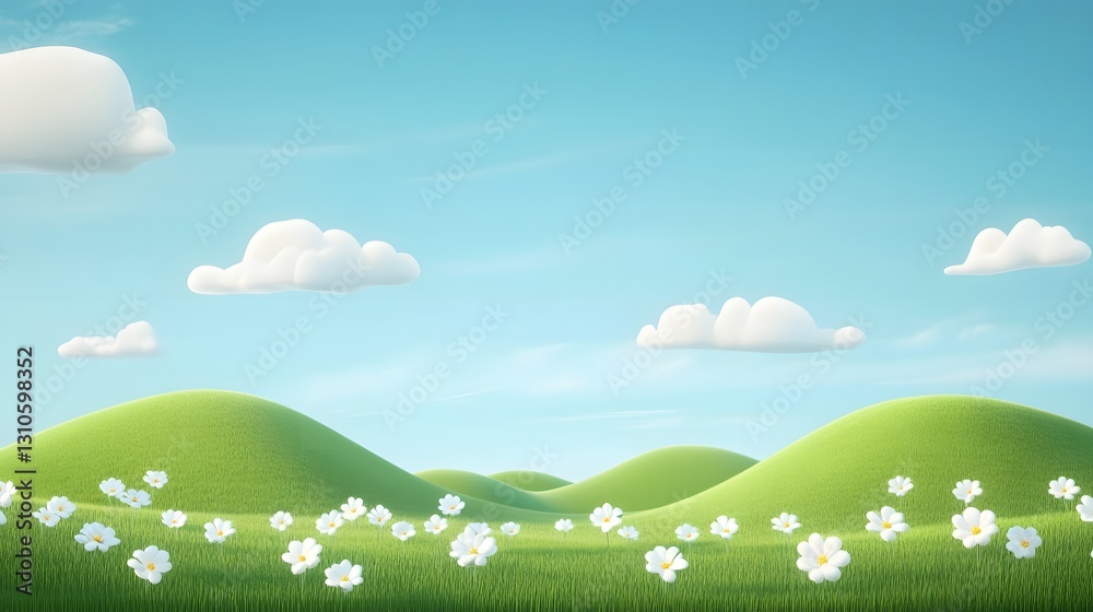 Green hills dotted with white flowers