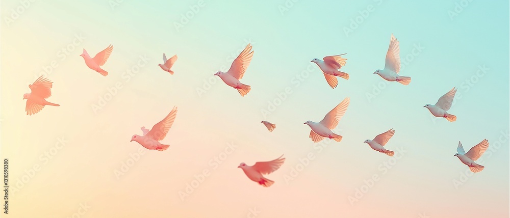 Water Color, Flock of doves soaring at sunrise serene sky nature photography calm atmosphere aerial perspective freedom concept Water Color, Flock of doves soaring at sunrise serene sky nature photography calm atmosphere aerial perspective freedom concept