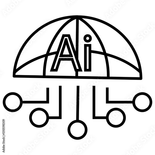 AI Umbrella Icon – Digital Umbrella with Circuit Lines for AI Protection, Data Security, and Smart Technology with Transparent Background.
