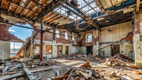 A once standing building now lies in ruins with its walls partially collapsed and the ceiling hanging loose as debris falls around it, collapse, destruction
