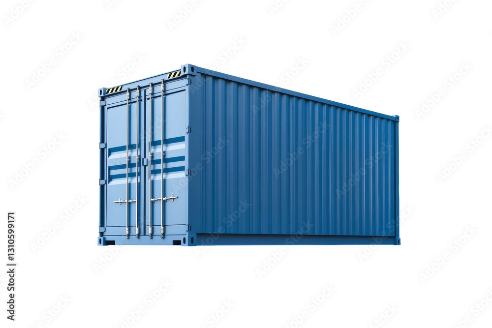Large blue container with a yellow and black sticker on the side, isolated Large blue container with a yellow and black sticker on the side, isolated