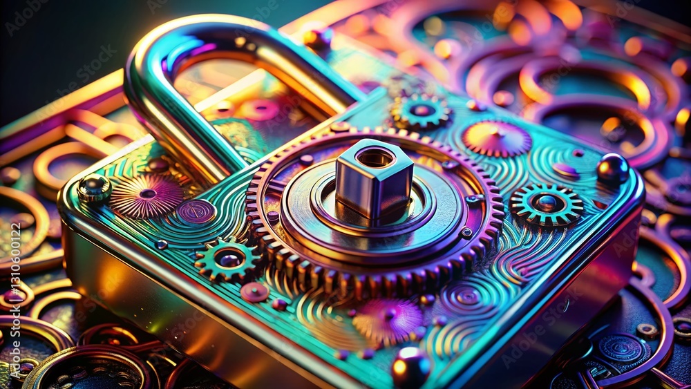 Fototapeta premium Macro Close-up of 3D Lock with Data Security Graphic - Secure Digital Information Concept