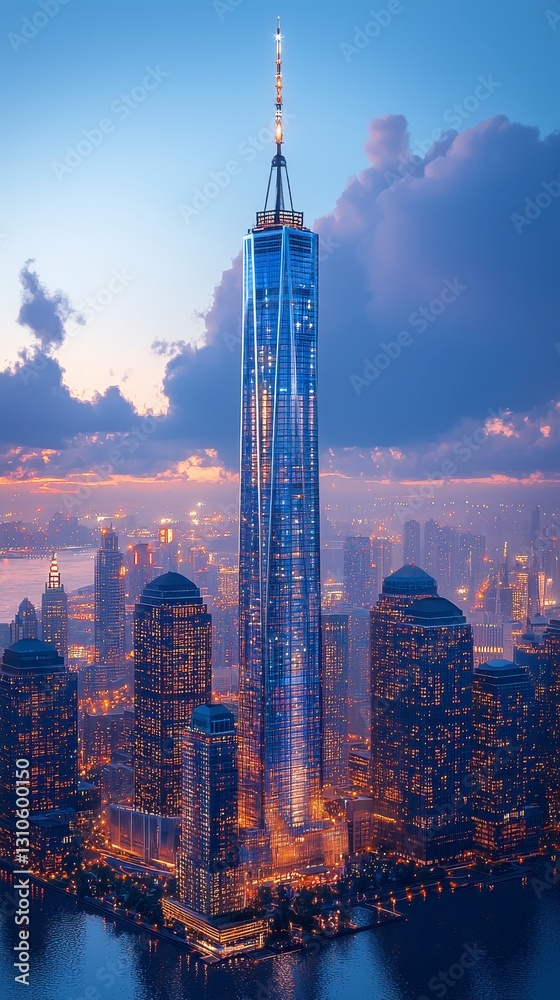 Fototapeta premium Vibrant city skyline at night with glowing lights and twinkling stars isolated on a bright white background