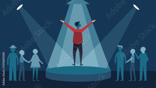 Solo Stage A person on a stage with a spotlight receiving applause from faceless silhouettes in the audience representing a desire for admiration and attention.