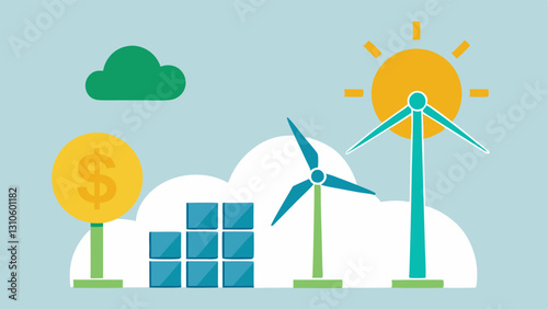 Renewable Energy Investment A wind turbine and solar panels generating energy with dollar signs in the air presenting the idea that green energy investments can protect against