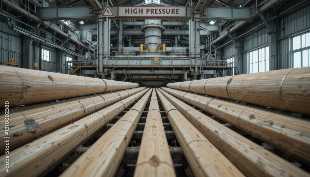 Wooden Logs Prepared for Industrial Processing in High Pressure Facility Wooden Logs Prepared for Industrial Processing in High Pressure Facility