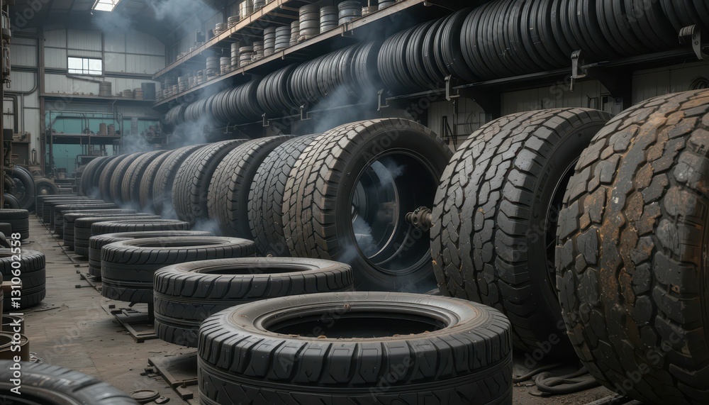 Industrial Warehouse with Tires and Smoke in a Vehicle Garage Industrial Warehouse with Tires and Smoke in a Vehicle Garage