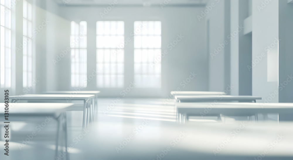 Fototapeta premium Empty Modern Classroom with Tidy Rows of Tables and Bright Natural Light Illuminating the Minimalist Interior Design