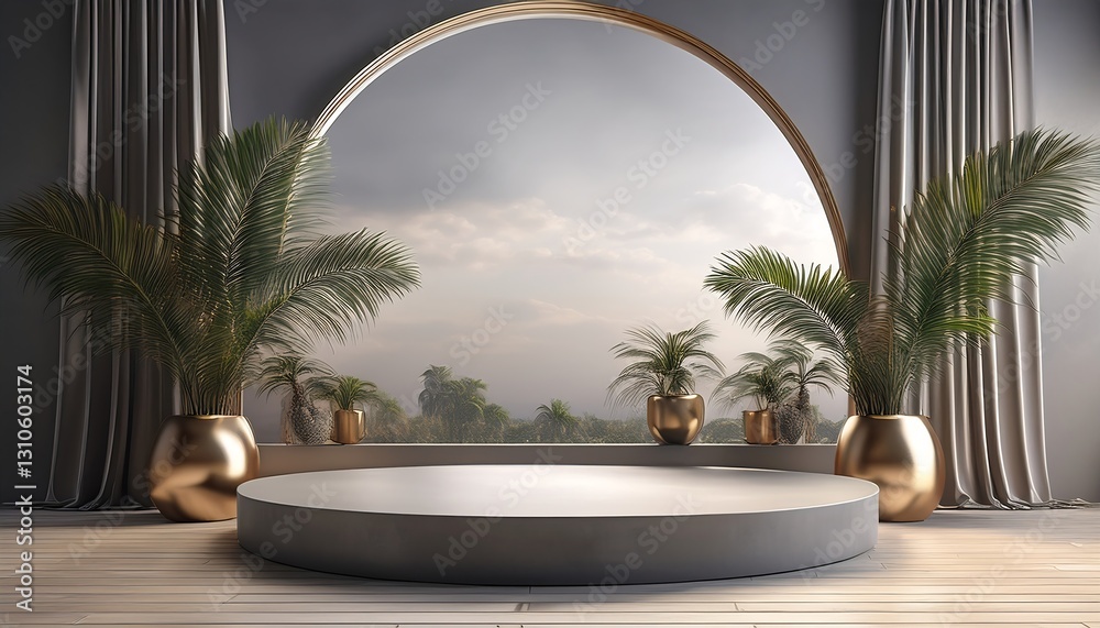 Fototapeta premium Stylish 3D render of a modern podium stage, perfect for product displays. Features a gray circular platform, lush palm plants in gold pots, and elegant gray curtains. A scenic sky view