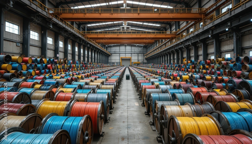 Fototapeta premium Colorful Spools of Wire in a Large Industrial Warehouse Interior