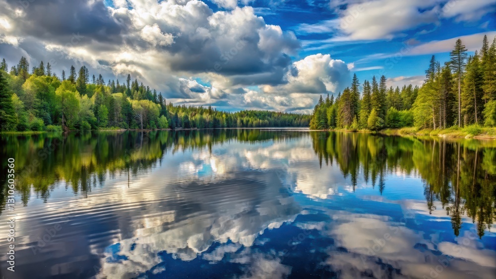 Fototapeta premium A serene lake surrounded by tall trees with reflection of sky and clouds, water's surface is calm and peaceful, with only a few ripples disturb the tranquility, serenity, body of water