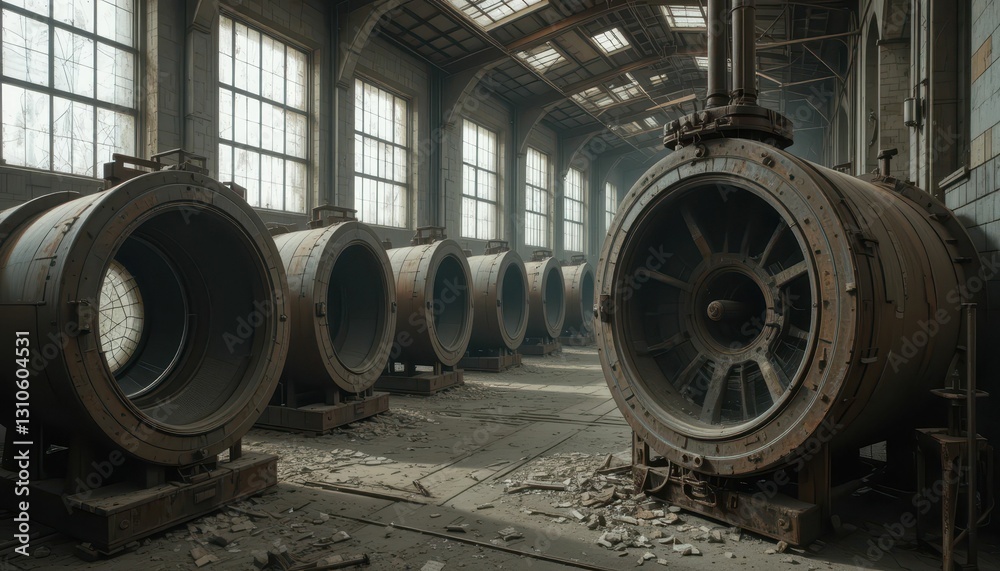 Abandoned Industrial Room with Large Machinery and Dusty Atmosphere Abandoned Industrial Room with Large Machinery and Dusty Atmosphere