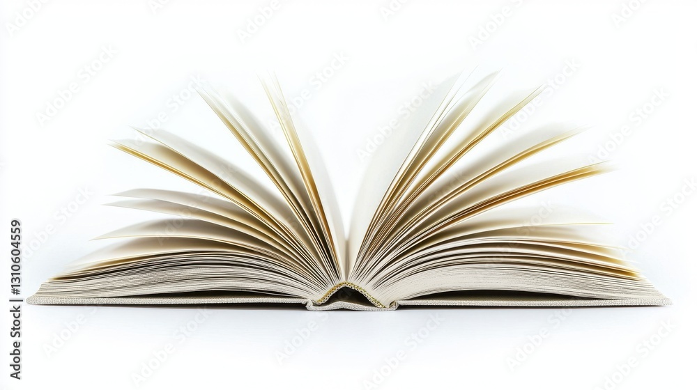 Open book with turned pages on white background, showcasing knowledge and imagination Open book with turned pages on white background, showcasing knowledge and imagination