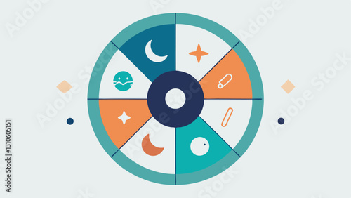 Sleep Cycle Wheel A circular wheel divided into segments showing different sleep stages light deep REM alongside icons of relaxation and stress demonstrating how sleep patterns