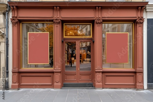 Parisian Boutique Storefront: Blank Signage for Autumn.