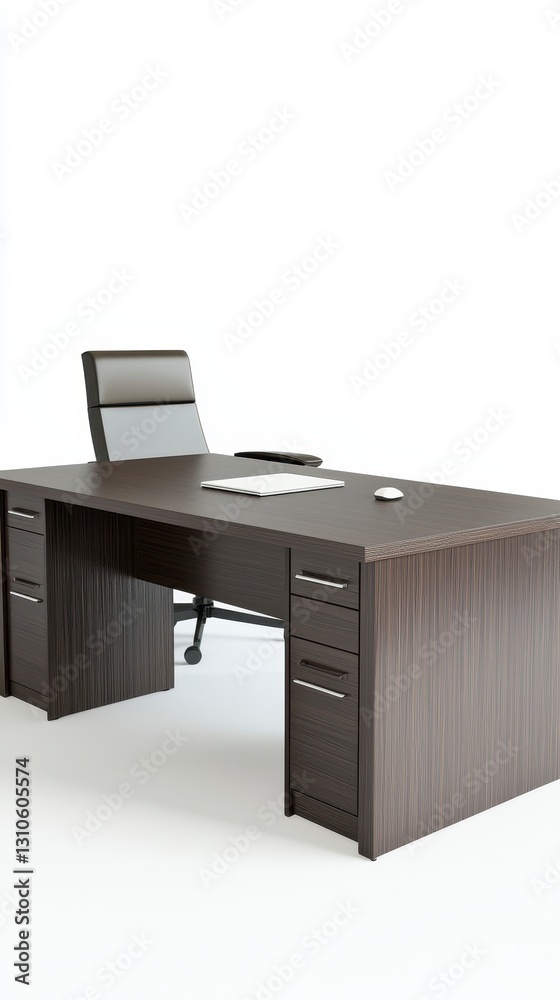 Simple office desk with a comfortable chair set against a bright white background perfect for creative workspace ideas Simple office desk with a comfortable chair set against a bright white background perfect for creative workspace ideas