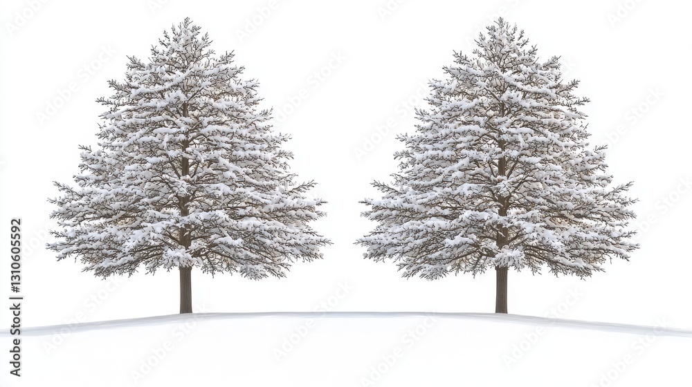 Two snow-covered trees stand on a white hill against a plain white isolated background Two snow-covered trees stand on a white hill against a plain white isolated background