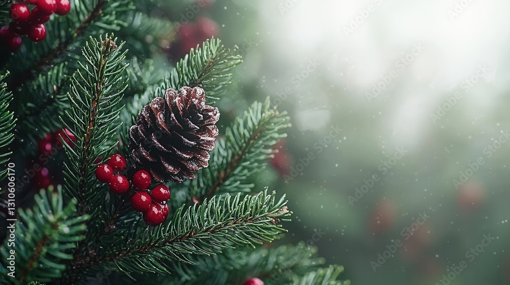 Pine branch close-up with berries and cone, blurred outdoor background, seasonal decoration Pine branch close-up with berries and cone, blurred outdoor background, seasonal decoration