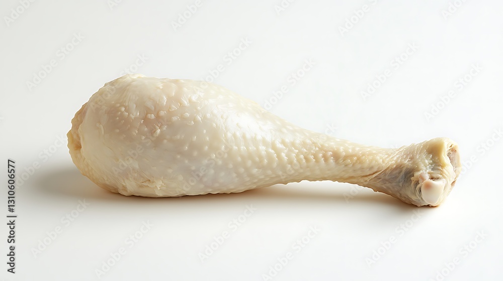 Naklejka premium Raw chicken thighs, including thighs and drumsticks, skin-on and bone-in, displayed on a white background.