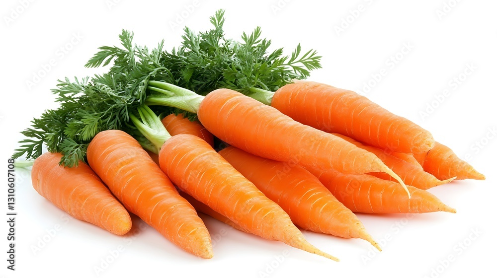 A bunch of vibrant orange baby carrots with green tops, freshly harvested, on a white background. A bunch of vibrant orange baby carrots with green tops, freshly harvested, on a white background.