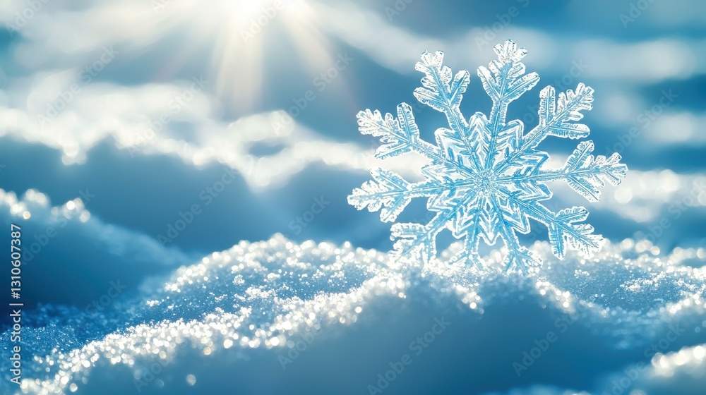 Delicate snowflake sparkles on snow under the bright sun, creating a winter wonderland