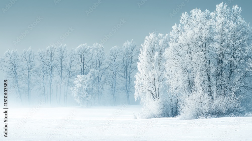Trees stand frosted in a snowy field. Winter landscape, mist hangs, cold color palette Trees stand frosted in a snowy field. Winter landscape, mist hangs, cold color palette
