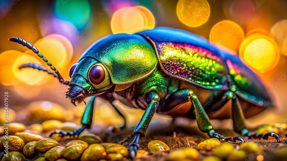 Fototapeta premium Macro Photography: Close-Up of a Beetle with Beautiful Bokeh Background