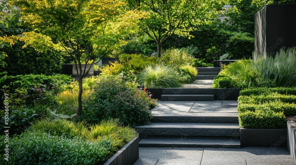 Dramatic Urban Garden with Layered Plantings and Pathway Design