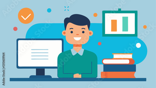 Online Tutor A smiling teacher sitting in front of a computer with a virtual classroom on the screen. Charts and educational materials are visible on a nearby desk conveying a