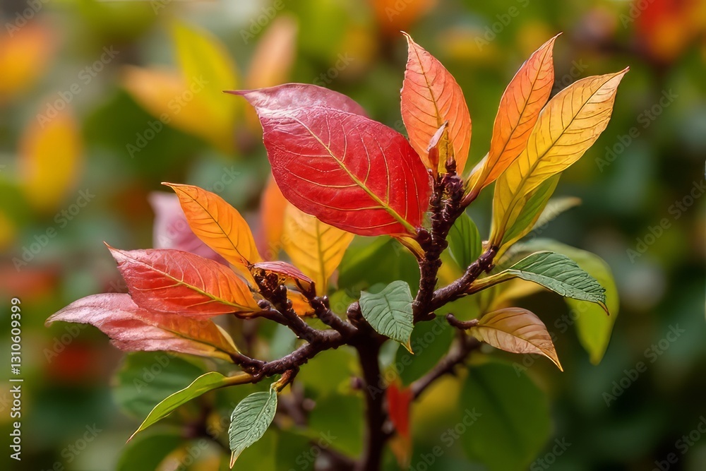 Vibrant Autumn Leaves on a Branch Close Up Vibrant Autumn Leaves on a Branch Close Up