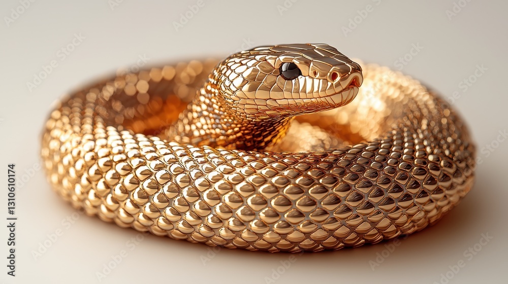 Fototapeta premium Golden serpent coils on simple backdrop, elegant, gleaming reptilian predator, focus on head